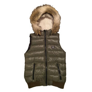 American Eagle Green Down Faux Fur Hood Puffer Vest Size M Fairy Grunge Y2K 2014